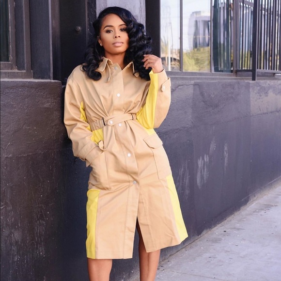 NWT Super Chic trench coat khaki w/yellow SZ L - Picture 1 of 9